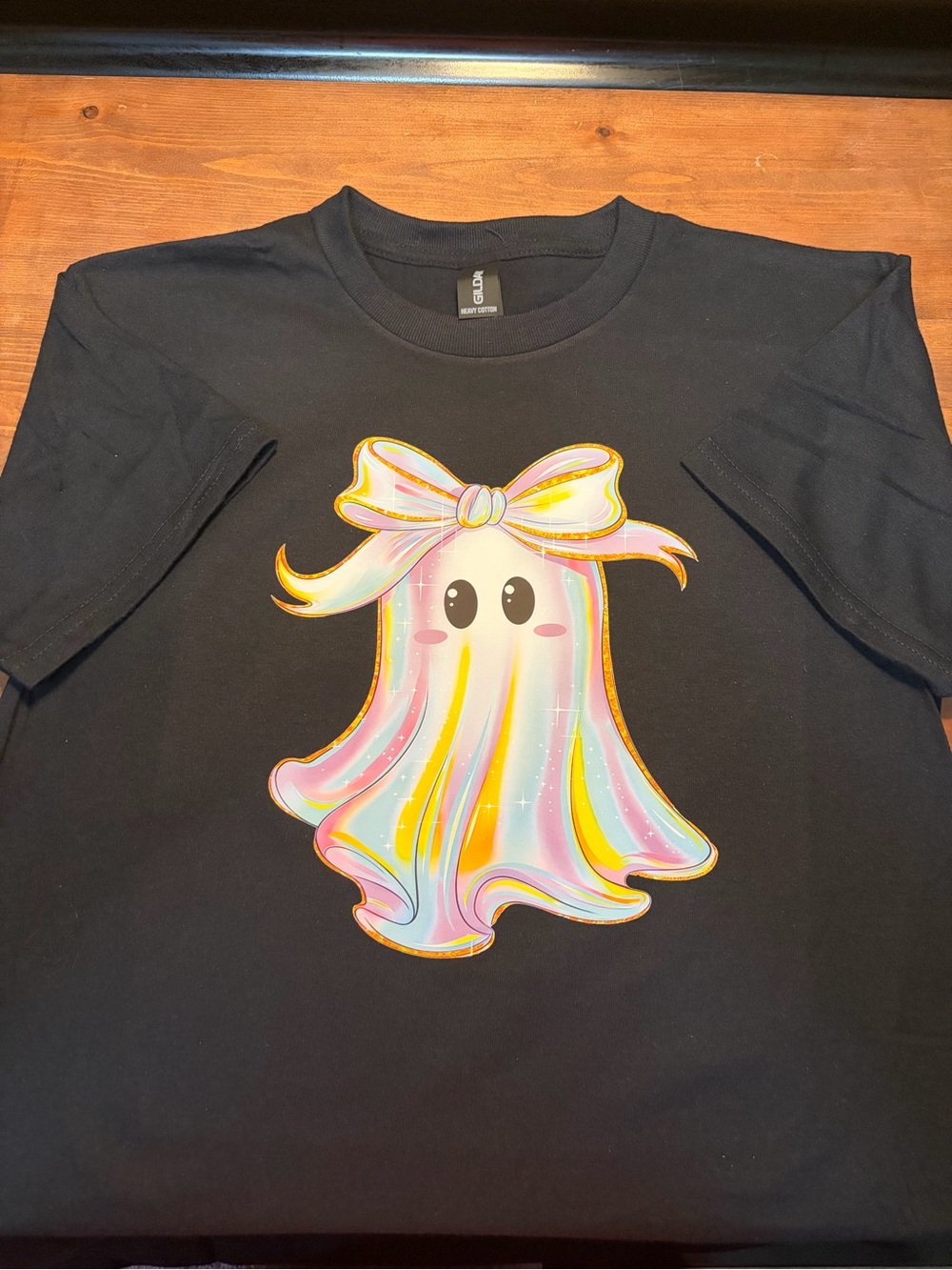 Gildan Black Kids T-Shirt with Pastel Rainbow Ghost Graphic freshly heat pressed